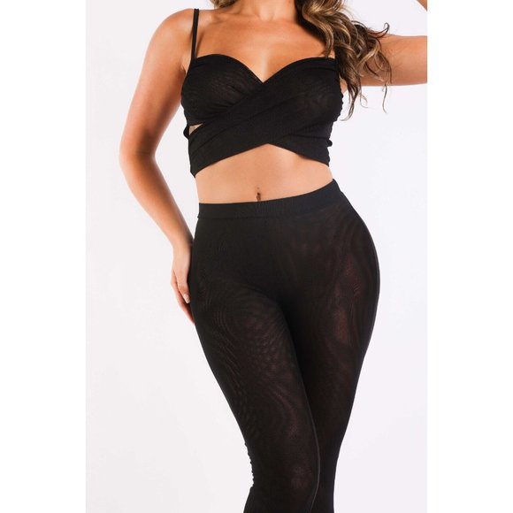 Women's Front Mesh Contrast Sets Casual Sports Strappy Sleeve Top and Leggings - Picture 5 of 12